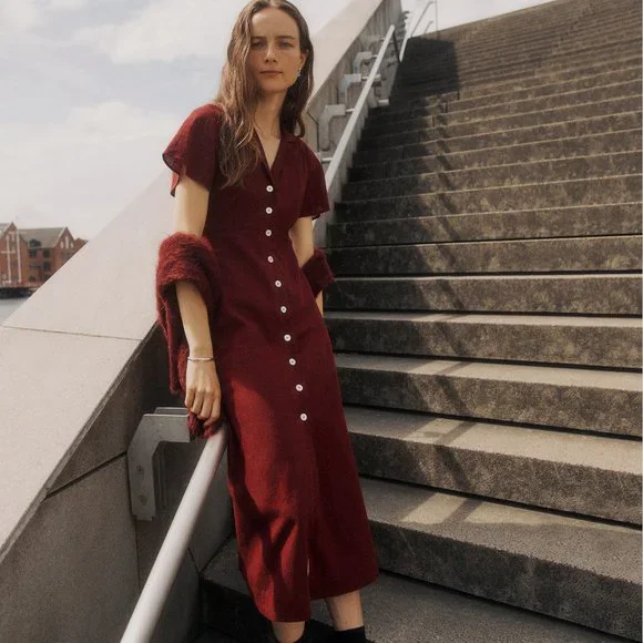 NWT Madewell | Crinkle Cotton Button-Front Midi Dress in Burgundy Size 0 - Picture 6 of 11